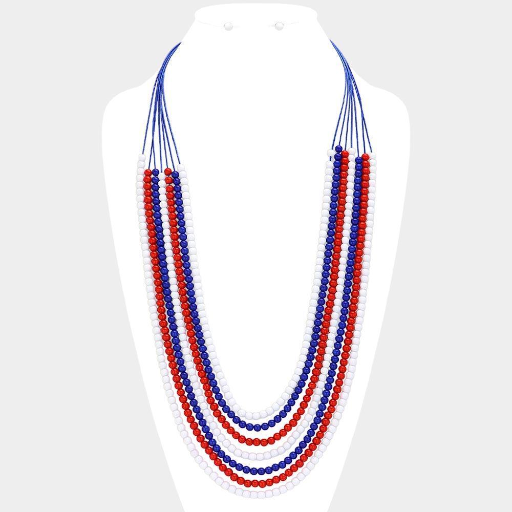 American USA Flag Colored Beaded Multi Layered Long Necklace - Jewelry Store by Erik Rayo