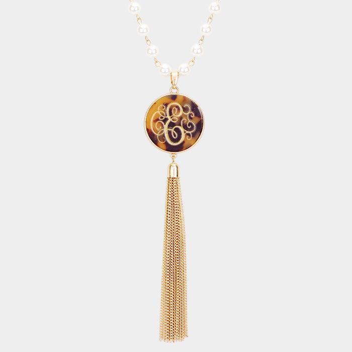 Gold Monogram Pearl Metal Tassel Necklace