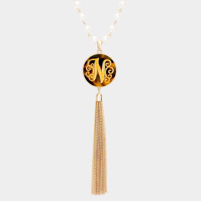 Gold Monogram Pearl Metal Tassel Necklace