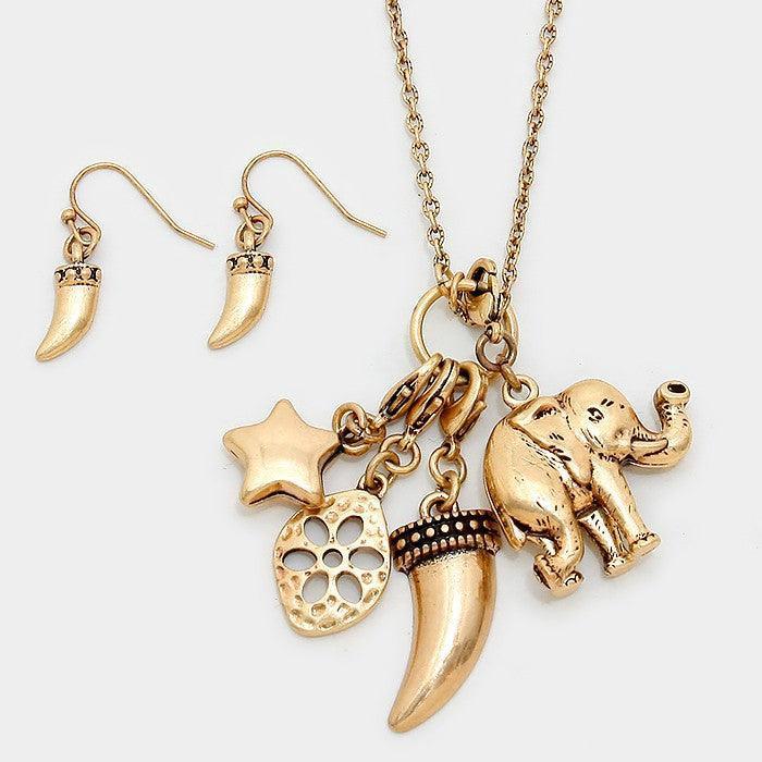 Gold Metal elephant & horn multi-charm long necklace - Jewelry Store by Erik Rayo