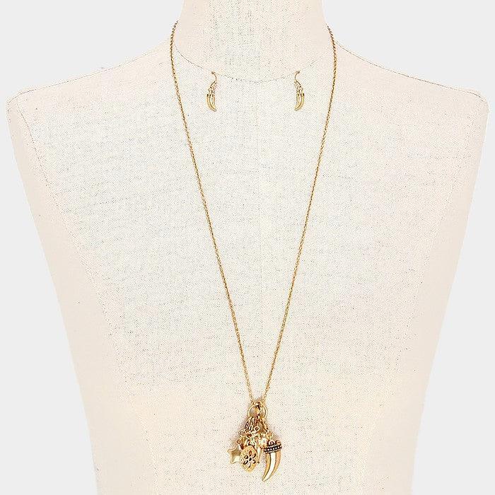 Gold Metal elephant & horn multi-charm long necklace - Jewelry Store by Erik Rayo