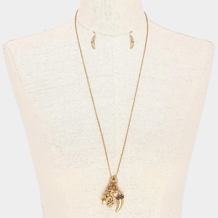 Gold Metal elephant & horn multi-charm long necklace