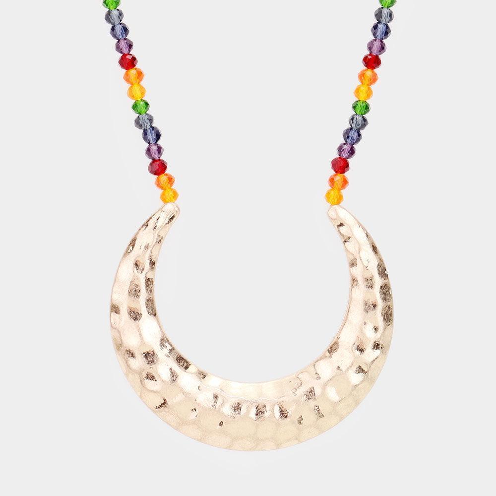 Gold Hammered Metal Moon Pendant Bead Long Necklace - Jewelry Store by Erik Rayo