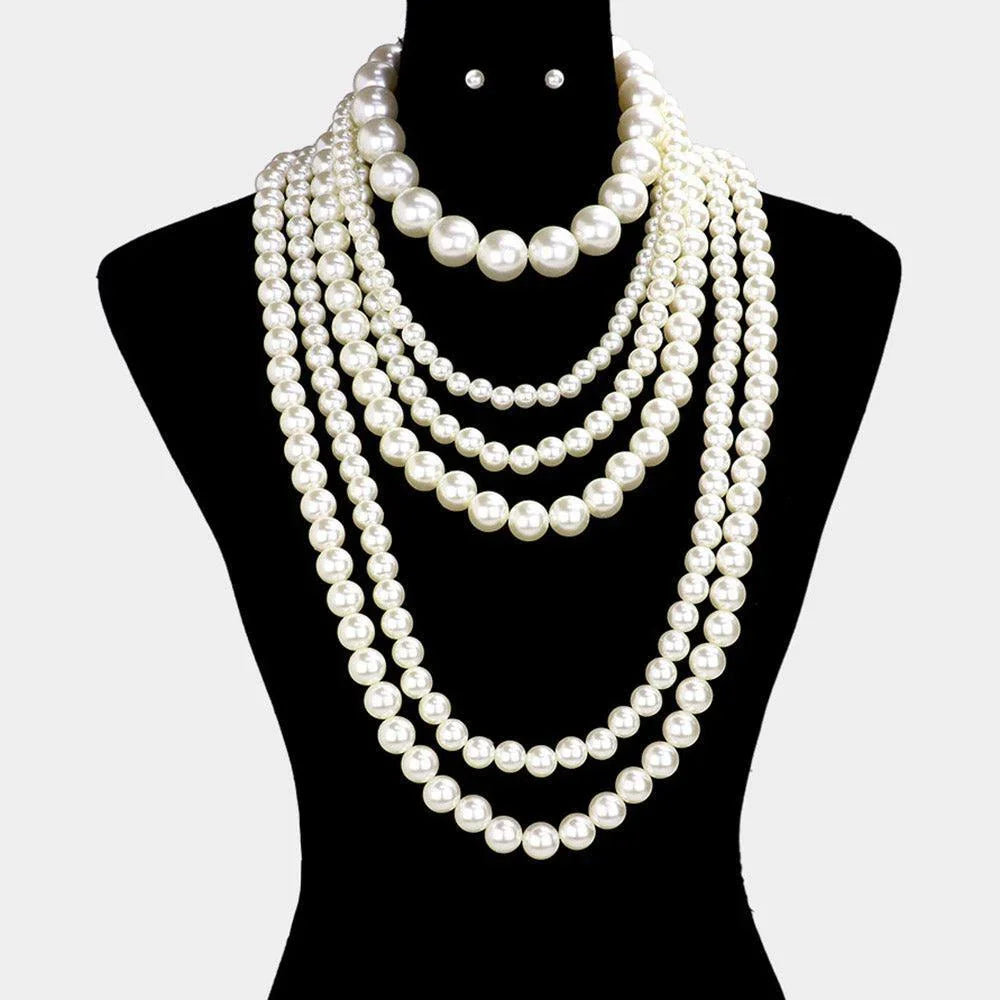 Cream Pearl Multi Layered Long Necklace