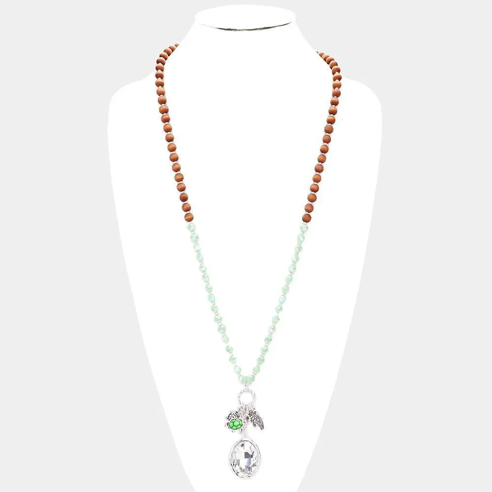 Wood Faceted Beaded Turtle Oval Stone Pendant Necklace - Jewelry Store by Erik Rayo