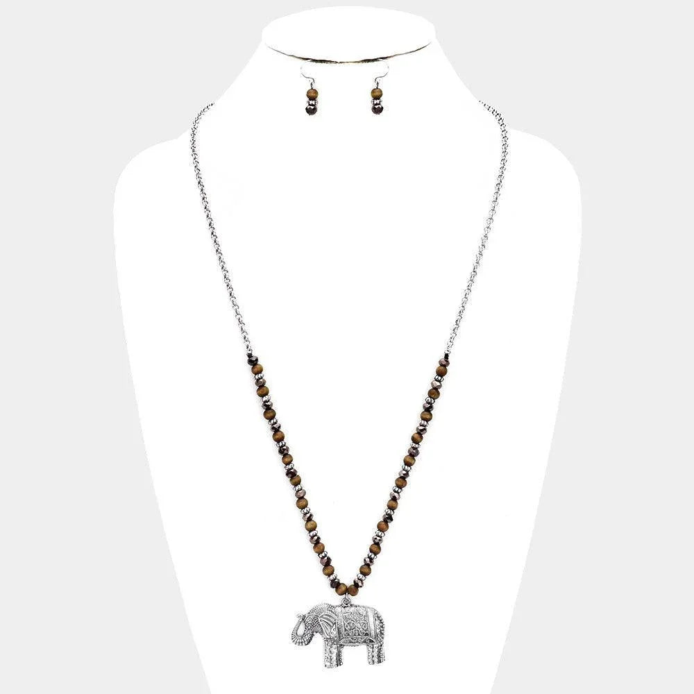 Silver Burnished Metal Elephant Pendant Beaded Long Necklace - Jewelry Store by Erik Rayo