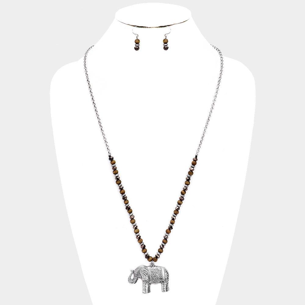 Silver Burnished Metal Elephant Pendant Beaded Long Necklace