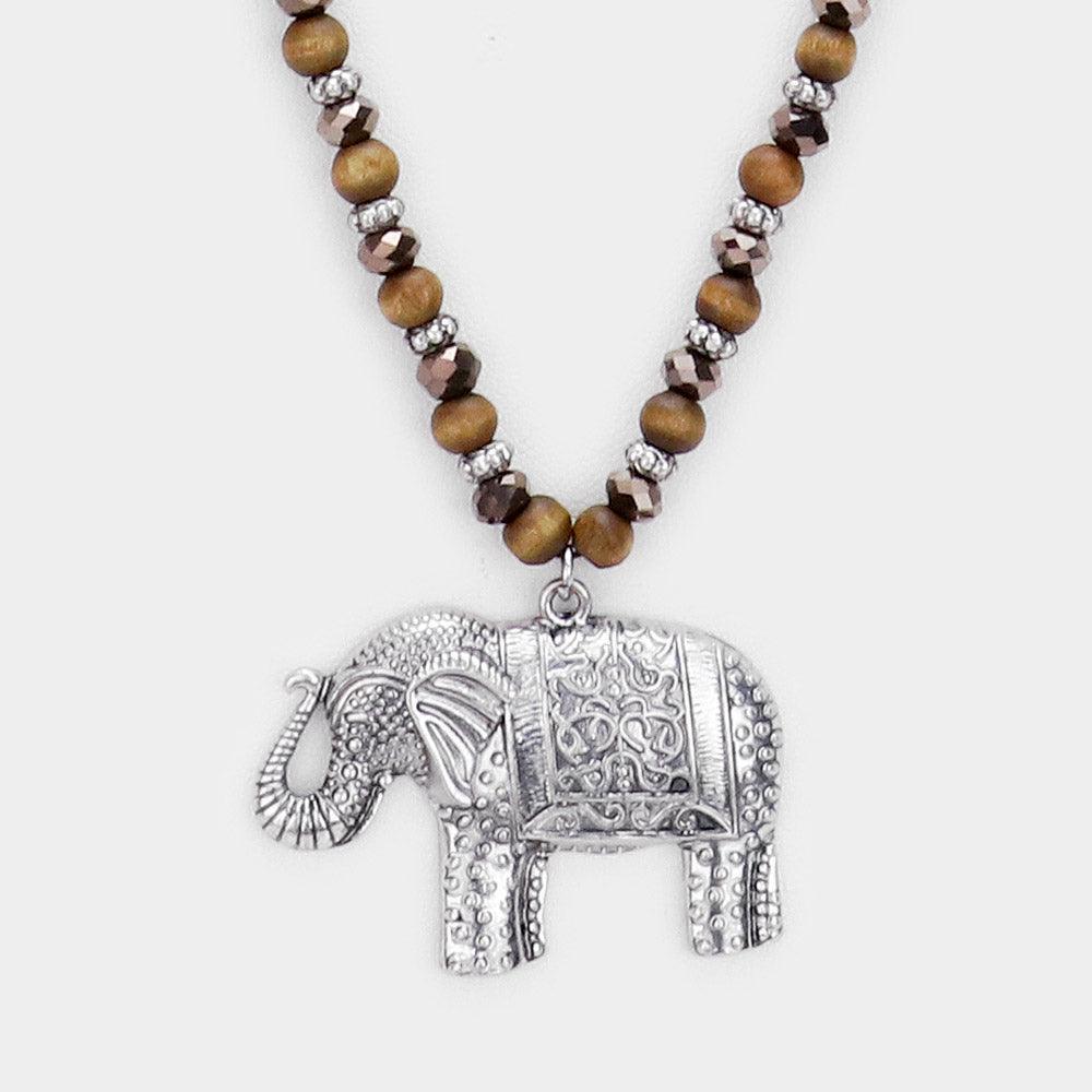 Silver Burnished Metal Elephant Pendant Beaded Long Necklace - Jewelry Store by Erik Rayo