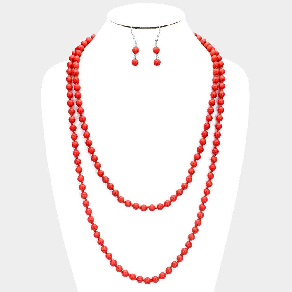 Red Natural Stone Bead Long Necklace