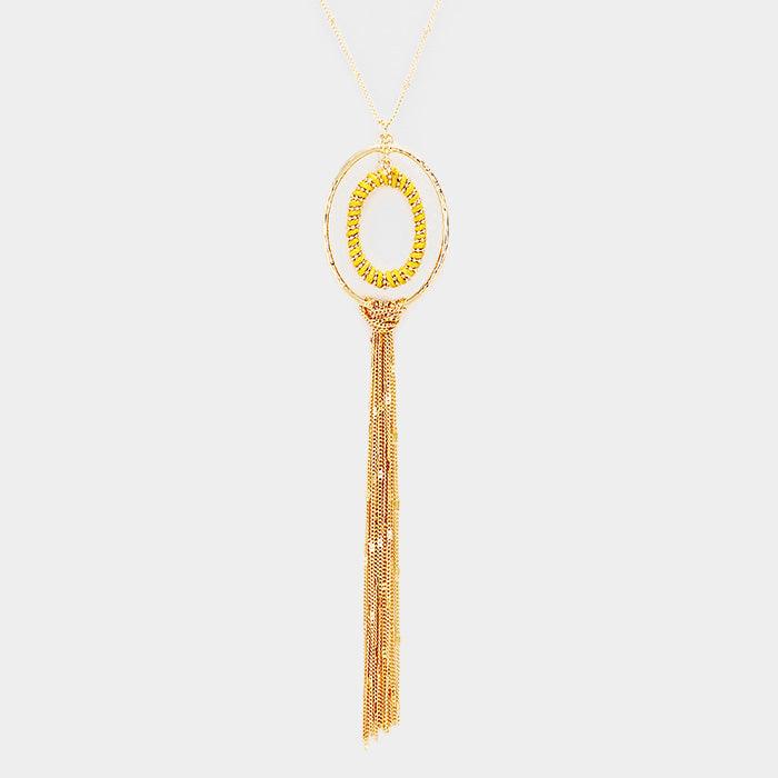 Gold Thread Wrapped Oval Hoop Long Drop Chain Tassel Necklace