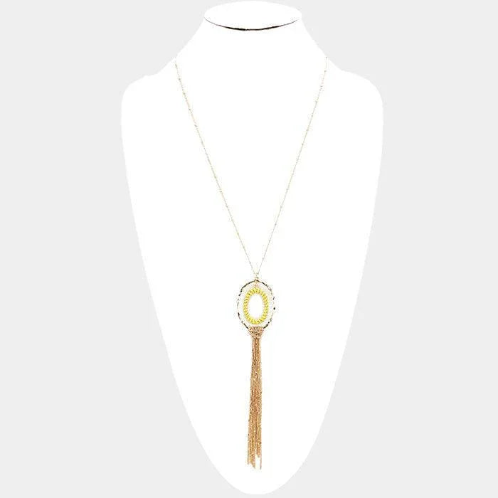 Yellow Thread Wrapped Oval Hoop Long Drop Chain Tassel Necklace - Jewelry Store by Erik Rayo