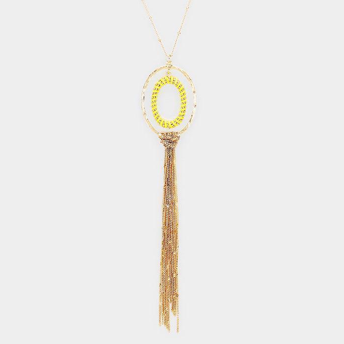 Yellow Thread Wrapped Oval Hoop Long Drop Chain Tassel Necklace - Jewelry Store by Erik Rayo