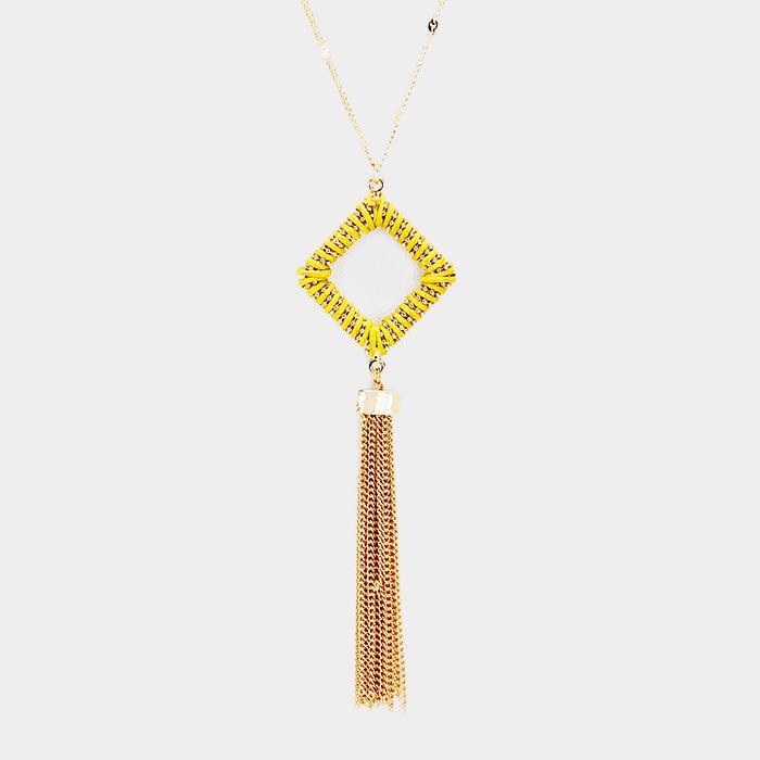 Gold Thread Wrapped Square Hoop Drop Chain Tassel Necklace