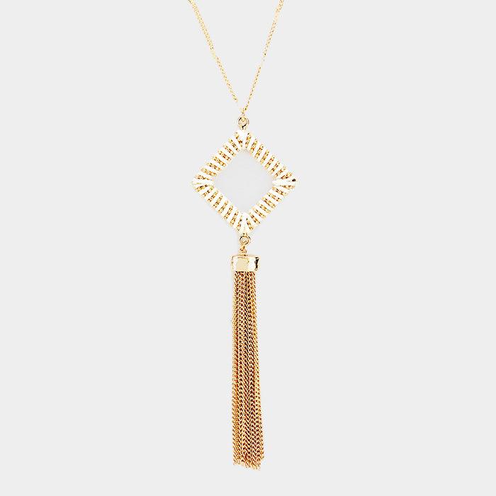 Gold Thread Wrapped Square Hoop Drop Chain Tassel Necklace