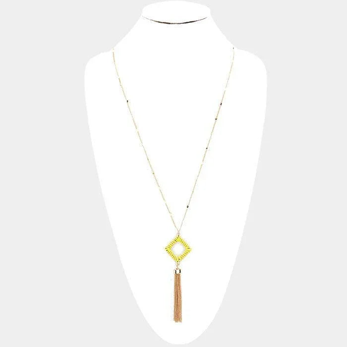 Yellow Thread Wrapped Square Hoop Drop Chain Tassel Necklace - Jewelry Store by Erik Rayo
