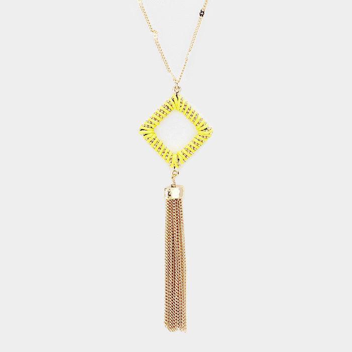 Yellow Thread Wrapped Square Hoop Drop Chain Tassel Necklace - Jewelry Store by Erik Rayo