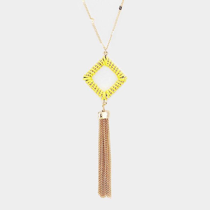 Yellow Thread Wrapped Square Hoop Drop Chain Tassel Necklace