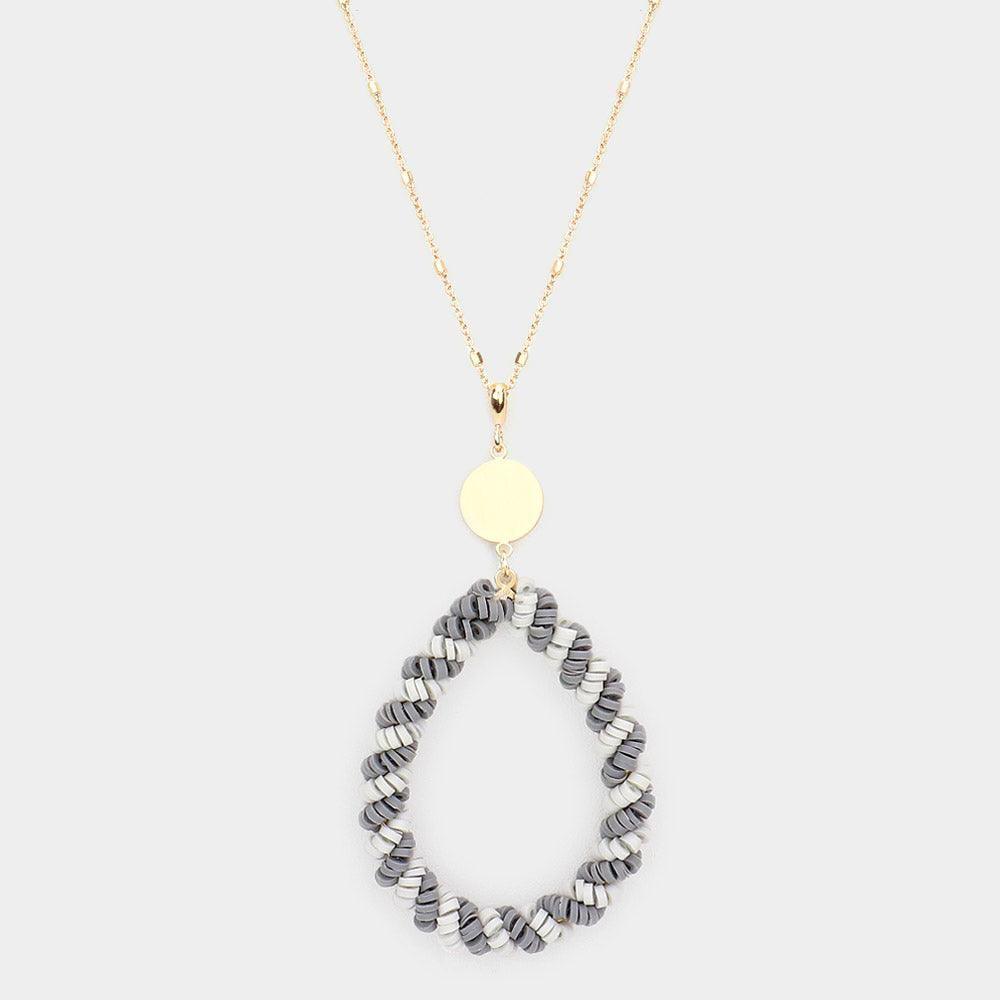 Gray Heishi Beaded Open Teardrop Pendant Long Necklace - Jewelry Store by Erik Rayo