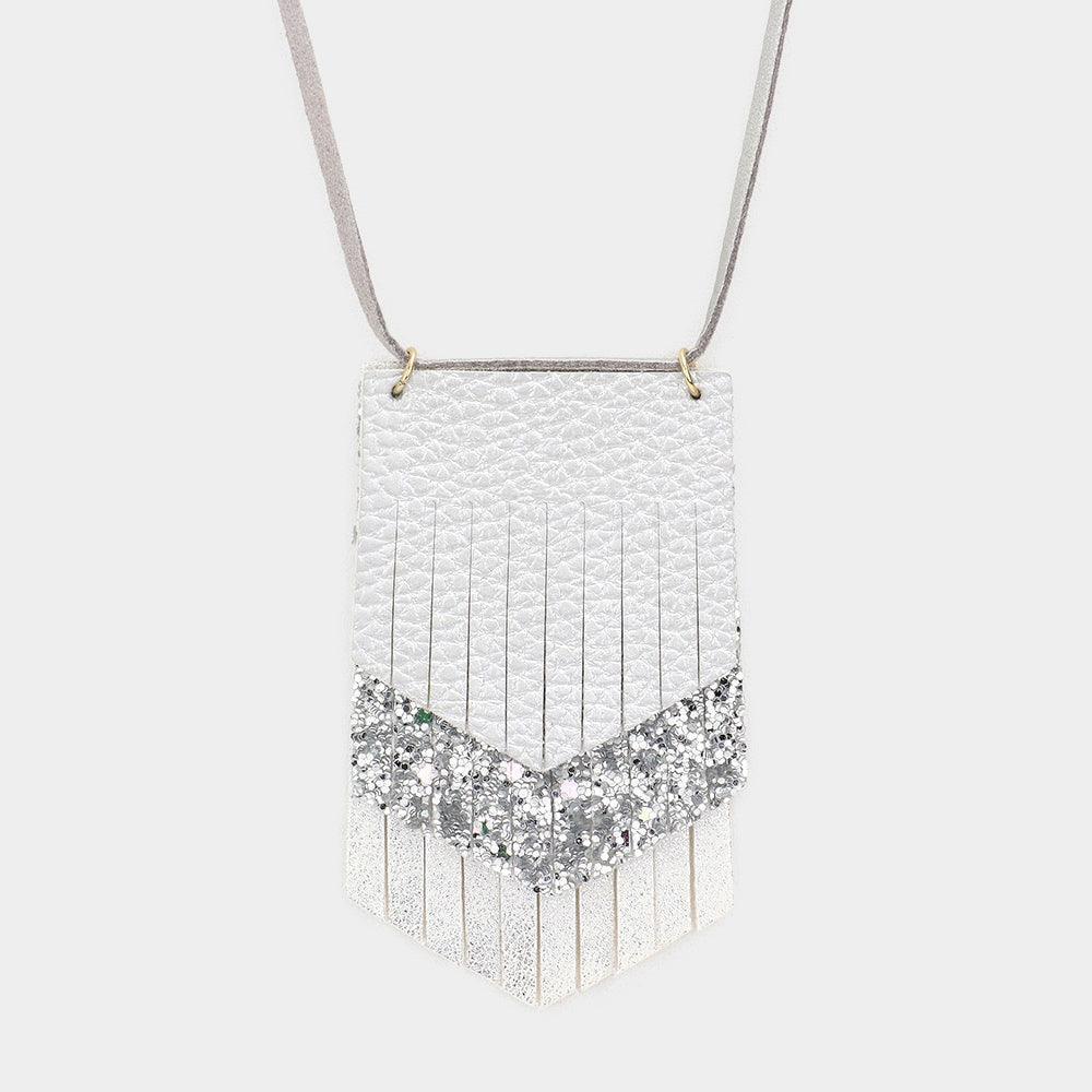 Silver Cut Faux Leather Pendant Long Necklace - Jewelry Store by Erik Rayo
