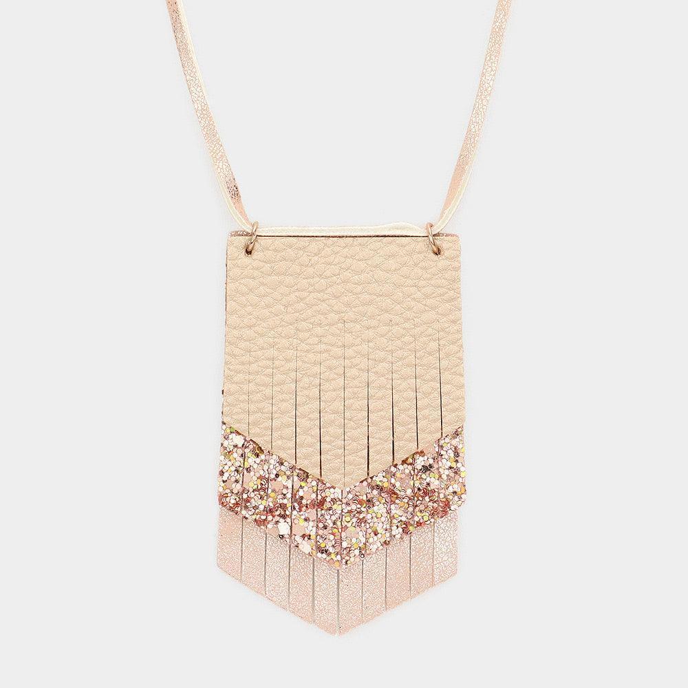 Rose Gold Cut Faux Leather Pendant Long Necklace - Jewelry Store by Erik Rayo