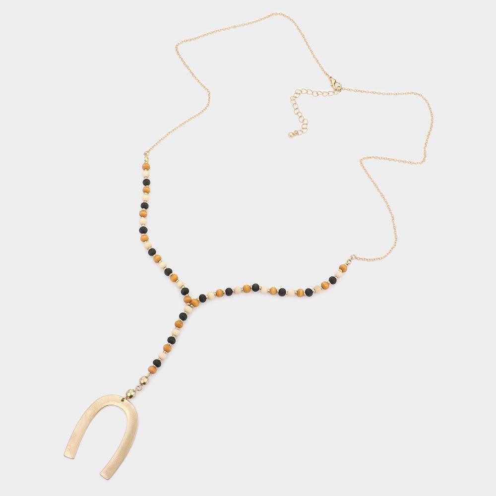 Curved Metal Pendant Wood Beaded Necklace - Jewelry Store by Erik Rayo