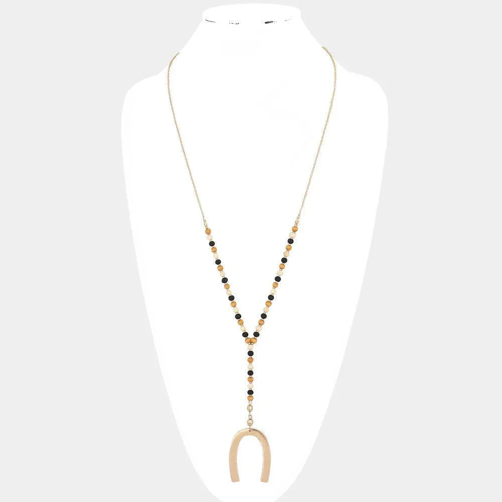 Curved Metal Pendant Wood Beaded Necklace - Jewelry Store by Erik Rayo