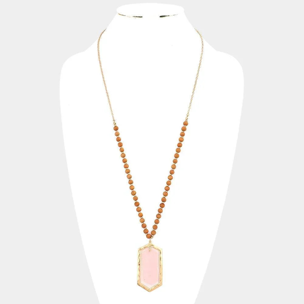 Pink Natural Stone Open Metal Hexagon Pendant Wood Ball Long Necklace - Jewelry Store by Erik Rayo