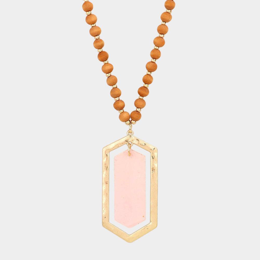 Pink Natural Stone Open Metal Hexagon Pendant Wood Ball Long Necklace - Jewelry Store by Erik Rayo