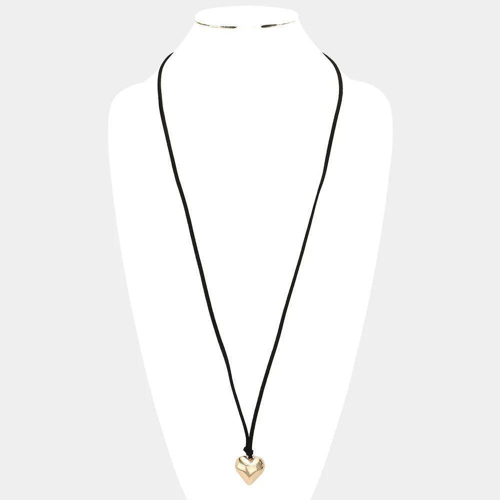 Black Metal Heart Pendant Faux Suede Long Necklace - Jewelry Store by Erik Rayo
