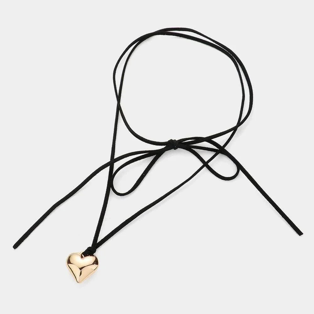 Black Metal Heart Pendant Faux Suede Long Necklace - Jewelry Store by Erik Rayo