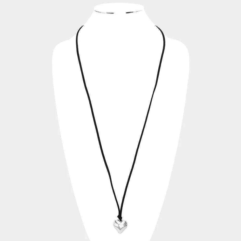 Black Metal Heart Pendant Faux Suede Long Necklace - Jewelry Store by Erik Rayo