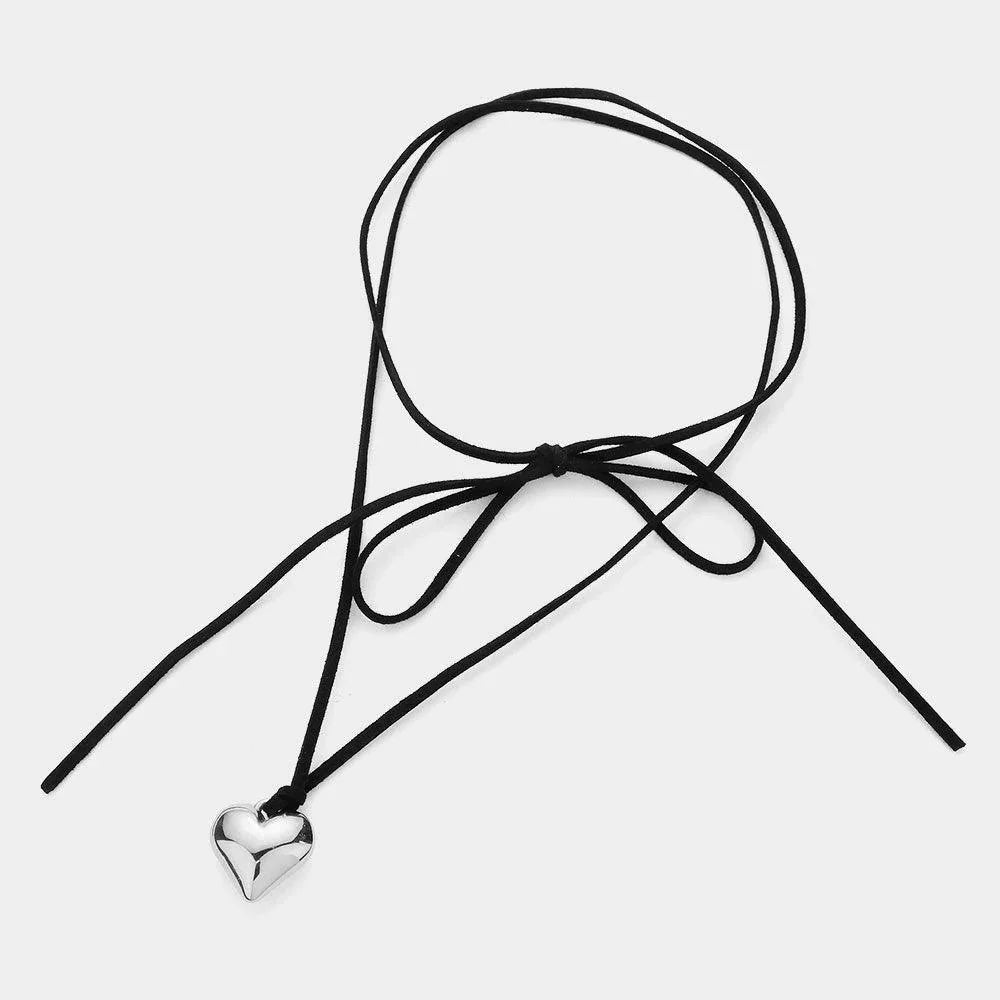 Black Metal Heart Pendant Faux Suede Long Necklace - Jewelry Store by Erik Rayo