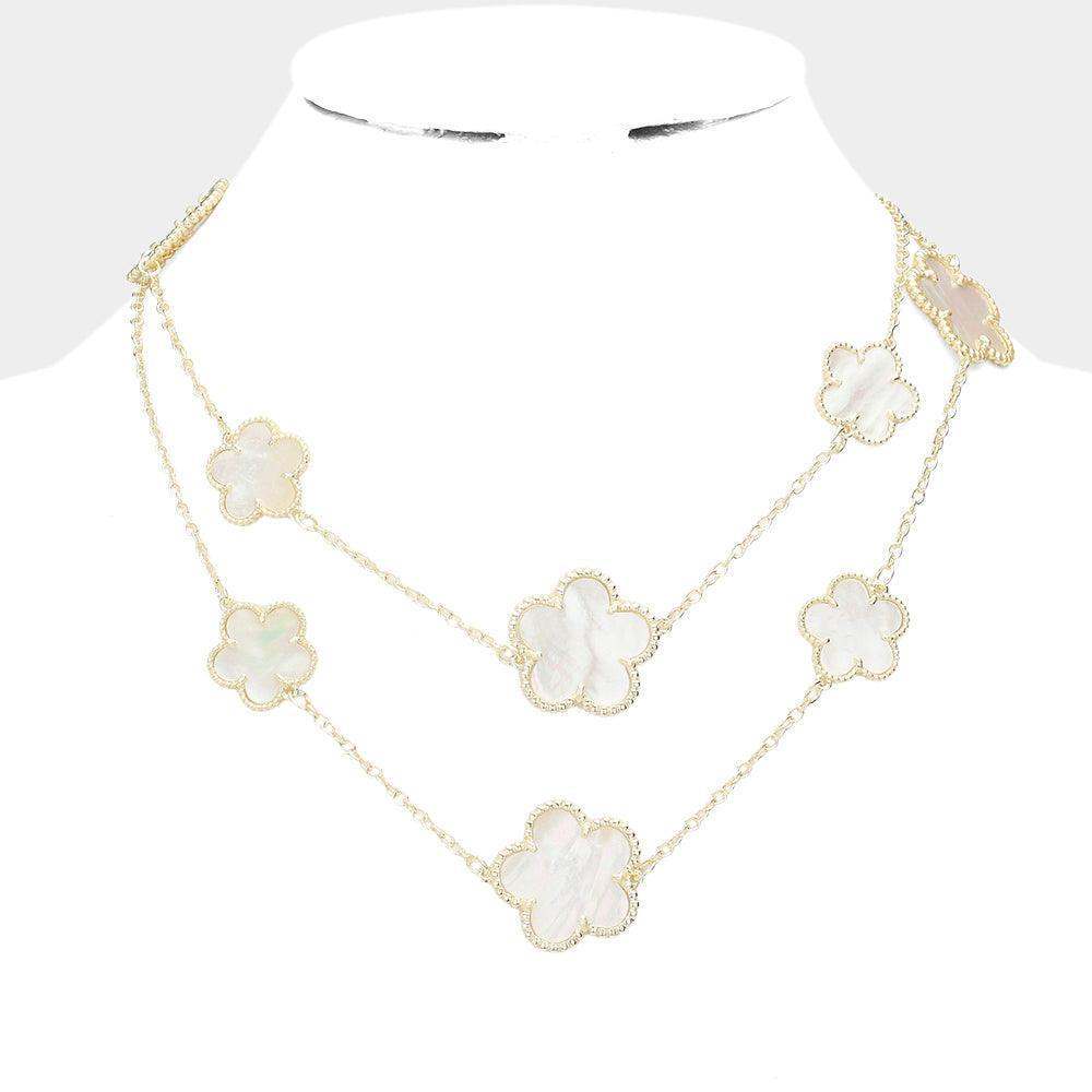 Gold Mother of Pearl Flower Station Long Necklace - Jewelry Store by Erik Rayo