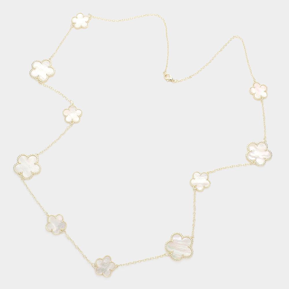 Gold Mother of Pearl Flower Station Long Necklace - Jewelry Store by Erik Rayo
