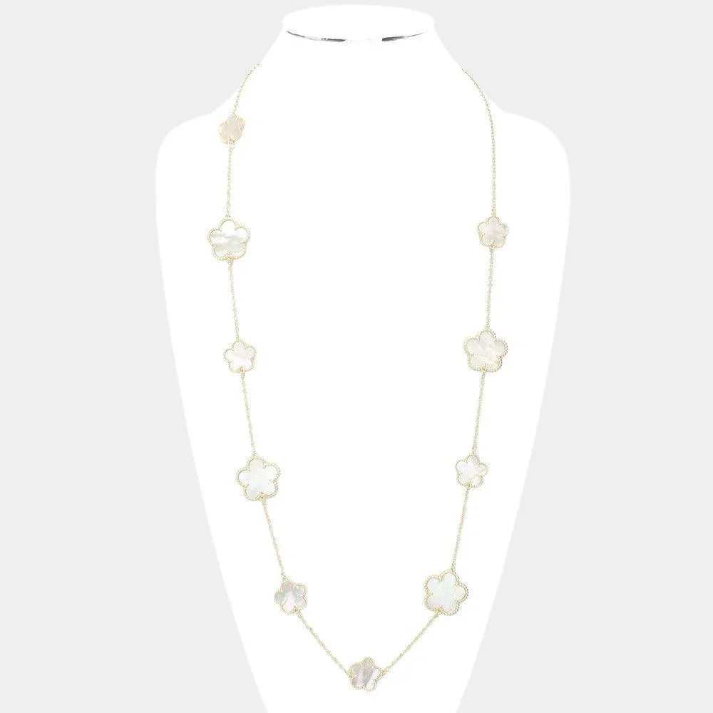 Gold Mother of Pearl Flower Station Long Necklace - Jewelry Store by Erik Rayo