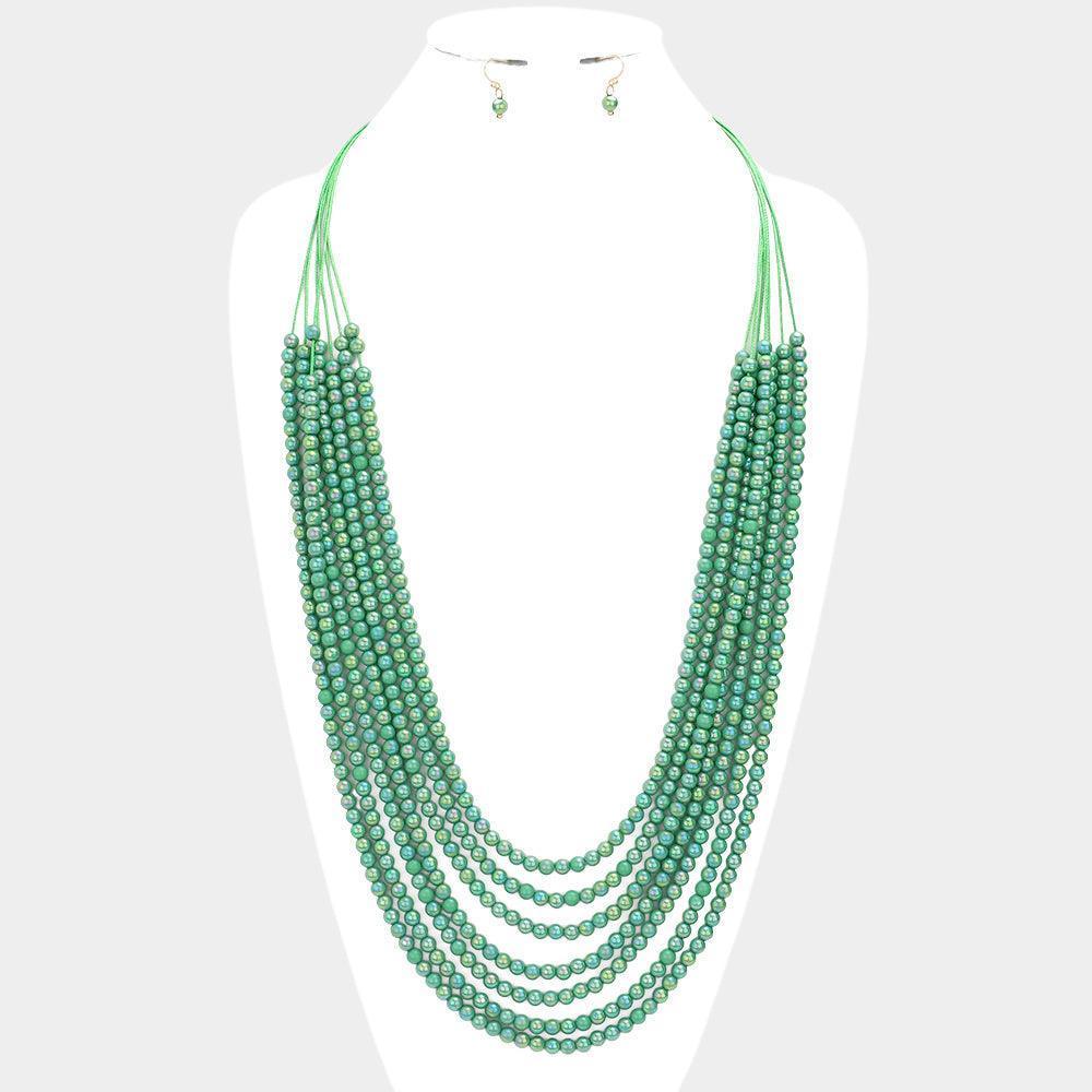 Green Hologram Beaded Multi Layered Long Necklace - Jewelry Store by Erik Rayo