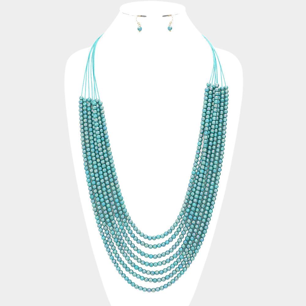 Turquoise Hologram Beaded Multi Layered Long Necklace