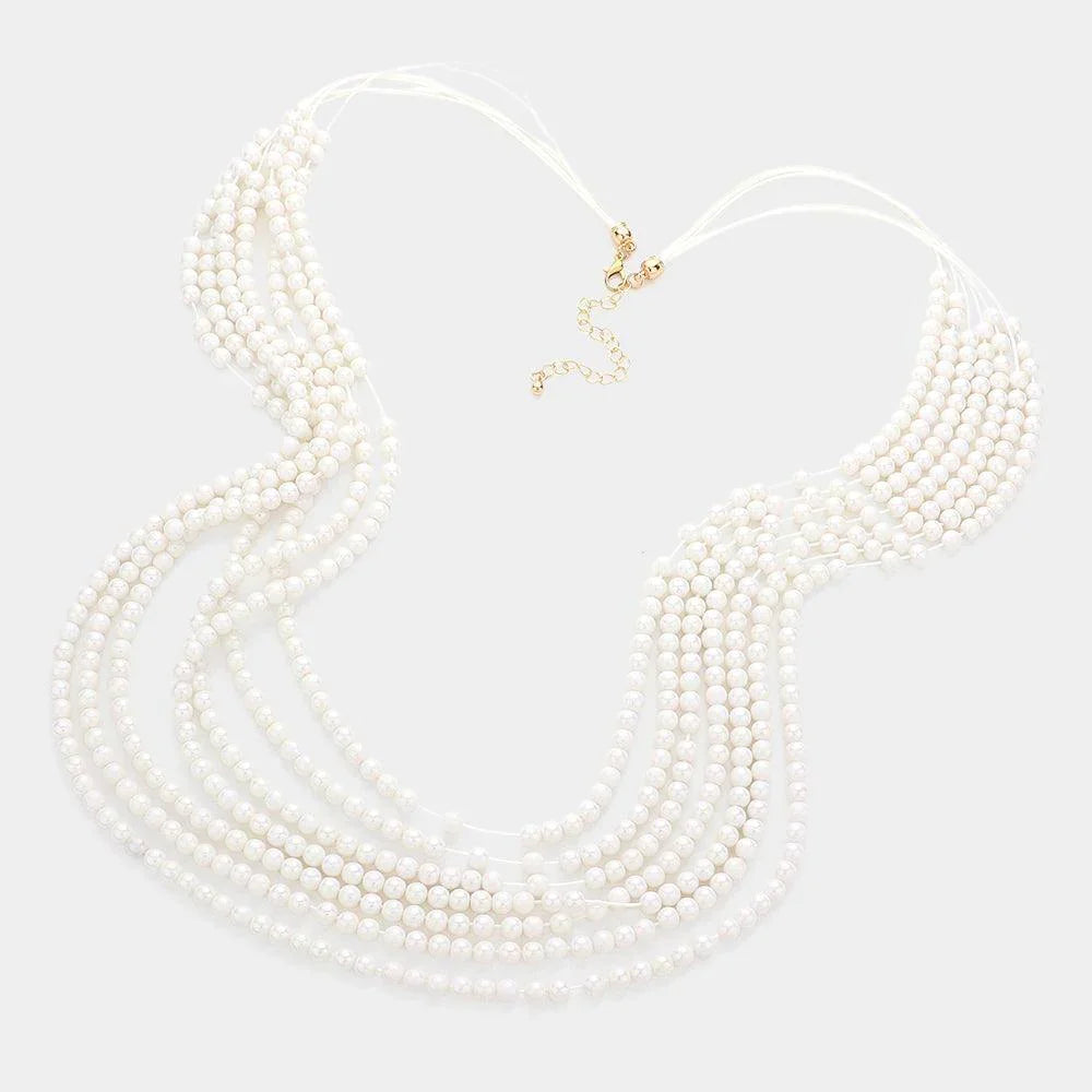 White Hologram Beaded Multi Layered Long Necklace - Jewelry Store by Erik Rayo