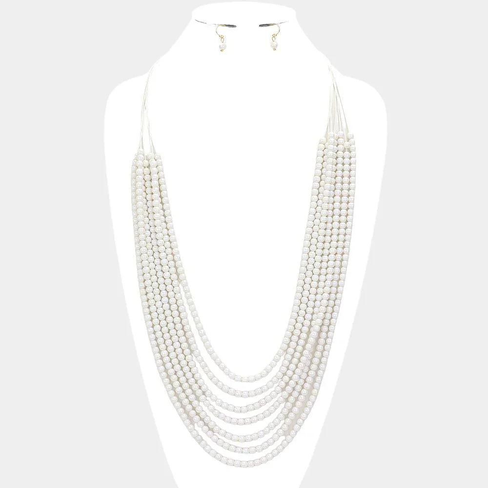 White Hologram Beaded Multi Layered Long Necklace - Jewelry Store by Erik Rayo