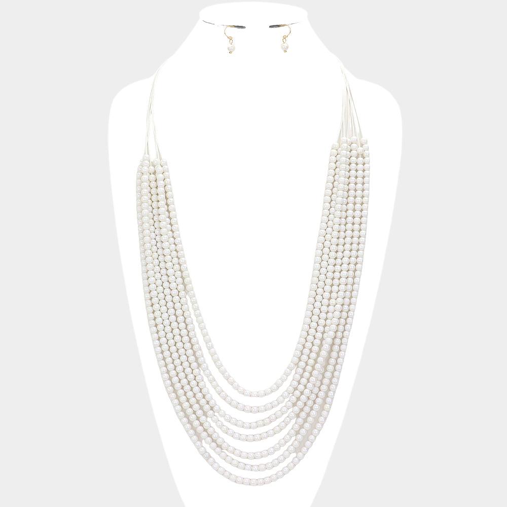 White Hologram Beaded Multi Layered Long Necklace