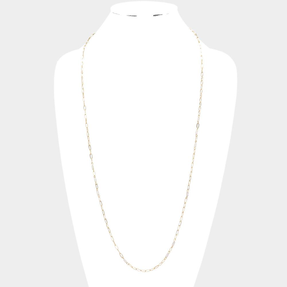 White Faceted Rectangle Bead Station Long Necklace