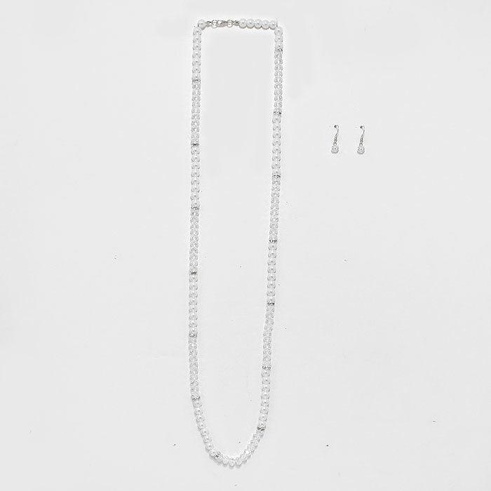 White Metallic Bead & Pearl Long Necklace