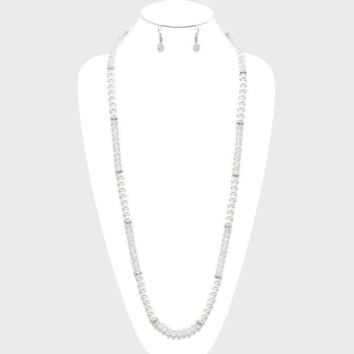 White Metallic Bead & Pearl Long Necklace