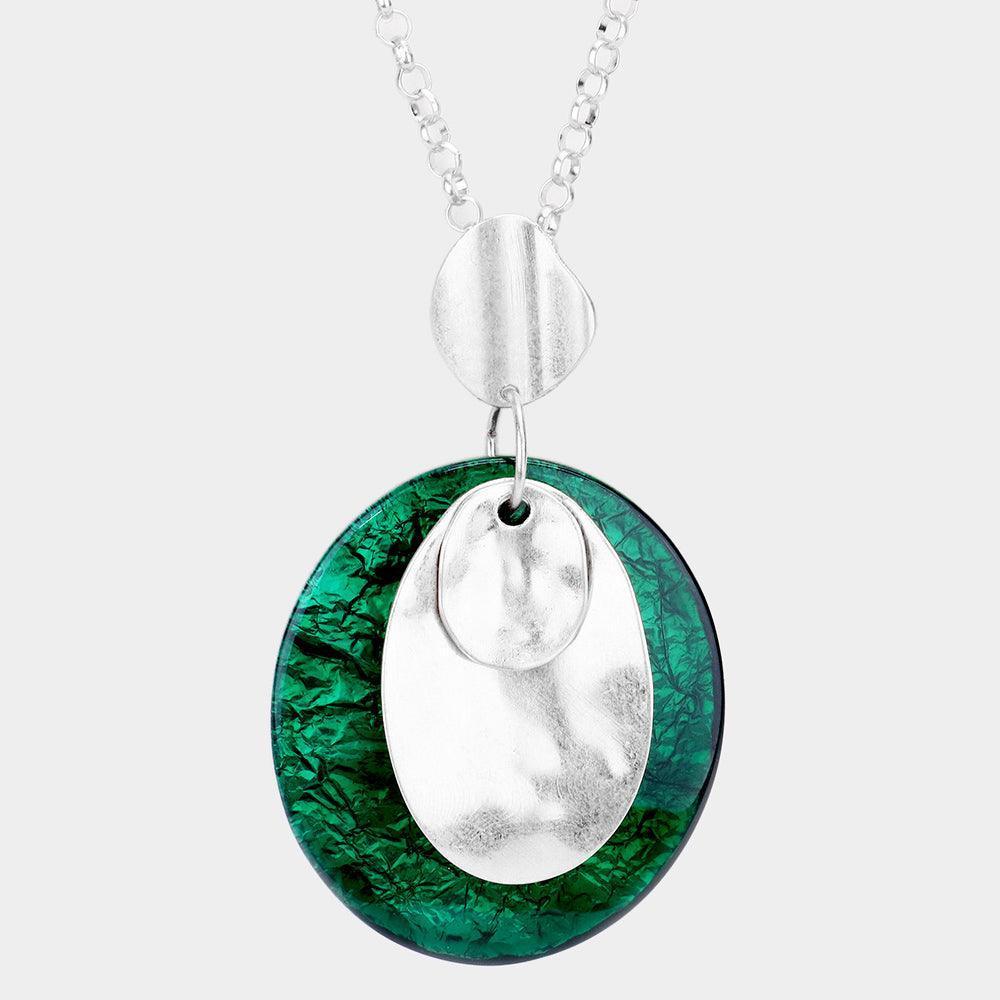 Silver Wrinkle Detail Oval Stone Abstract Metal Pendant Long Necklace - Jewelry Store by Erik Rayo