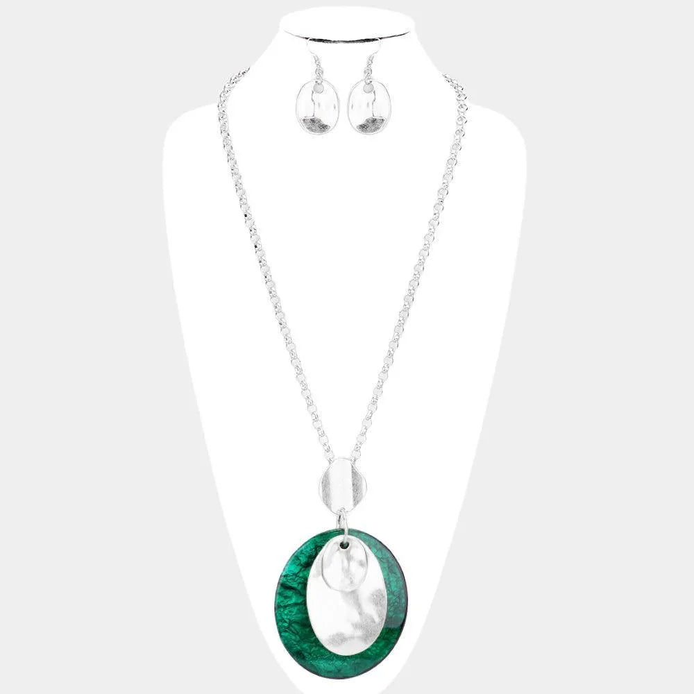 Silver Wrinkle Detail Oval Stone Abstract Metal Pendant Long Necklace - Jewelry Store by Erik Rayo