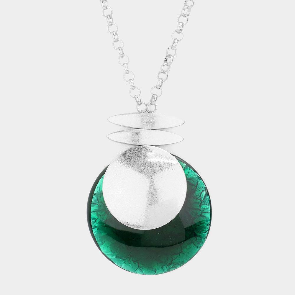 Silver Wrinkle Detail Round Stone Pendant Long Necklace - Jewelry Store by Erik Rayo