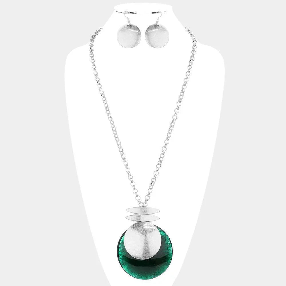 Silver Wrinkle Detail Round Stone Pendant Long Necklace - Jewelry Store by Erik Rayo