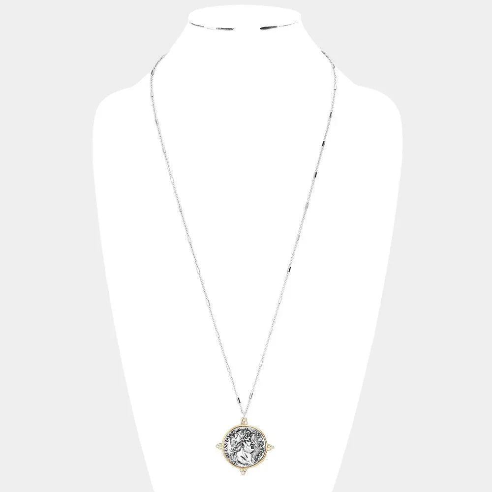 Silver Augustus Coin Pendant Long Necklace - Jewelry Store by Erik Rayo