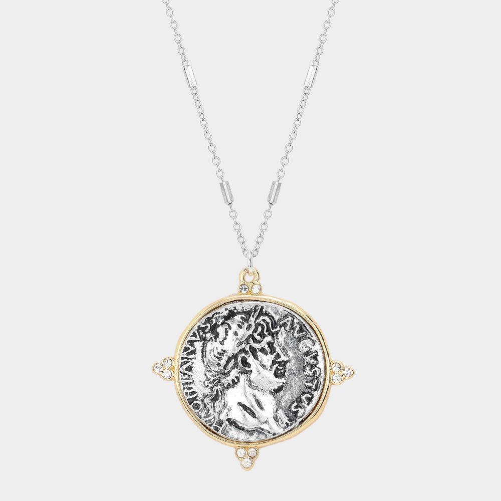 Silver Augustus Coin Pendant Long Necklace - Jewelry Store by Erik Rayo