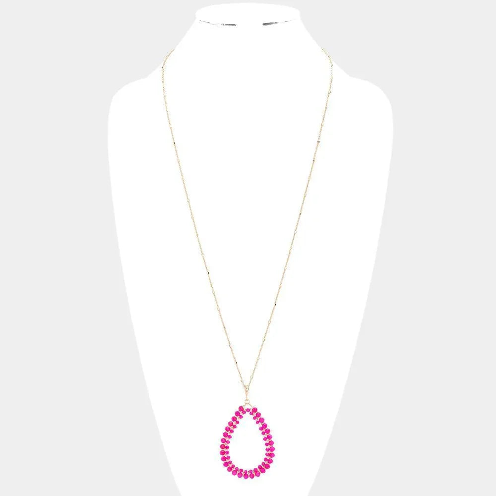Fuchsia Faceted Beaded Open Teardrop Pendant Long Necklace - Jewelry Store by Erik Rayo